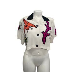 Vintage 80s Amelia Austin  graphic embroidered surrealism silk Copped Top  12